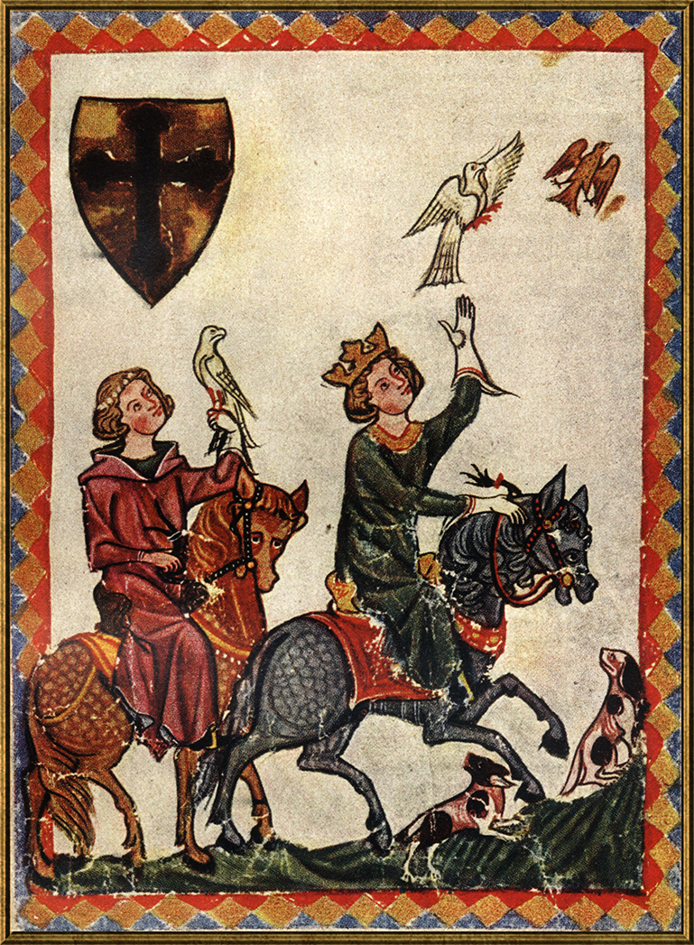 Medieval illuminated manuscript illustration of falconers on horseback